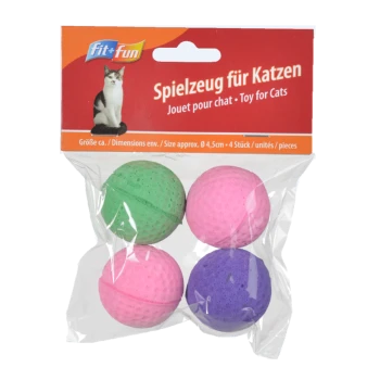 Vier bunte Katzen-Spielbälle in einer durchsichtigen Verpackung, in den Farben Grün, Pink, Lila und Blau, beschriftet mit 'Spielzeug für Katzen.'