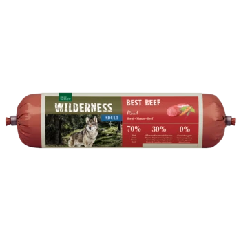 Wilderness Best Beef dog food roll featuring a wolf in a forest background, labeled with 70% beef, 30% plant ingredients, and 0% grains.