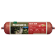 Wilderness Best Beef dog food roll featuring a wolf in a forest background, labeled with 70% beef, 30% plant ingredients, and 0% grains.