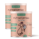 Zwei zylindrische Behälter von "Futtertopping Haut & Fell" Tiernahrungsergänzung, mit einem Cartoon-Hund und Text über Haut- und Fellgesundheit.