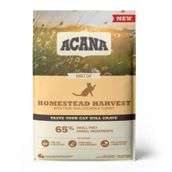 ACANA Homestead Harvest Katzenfutterbeutel mit dem Etikett "Adult Cat", mit Freiland-Huhn & Truthahn, 65% kleine Beutetiere und gesundheitliche Vorteile.