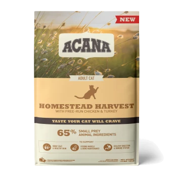 ACANA Homestead Harvest Katzenfutterbeutel mit dem Etikett "Adult Cat", mit Freiland-Huhn & Truthahn, 65% kleine Beutetiere und gesundheitliche Vorteile.