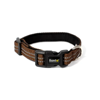 Braunes gewebtes verstellbares Hundehalsband mit schwarzer Kunststoffschnalle, Metall-D-Ring und lionto-Label.