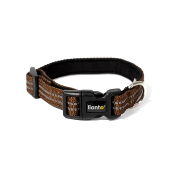 Braunes gewebtes verstellbares Hundehalsband mit schwarzer Kunststoffschnalle, Metall-D-Ring und lionto-Label.
