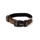 Braunes gewebtes verstellbares Hundehalsband mit schwarzer Kunststoffschnalle, Metall-D-Ring und lionto-Label.