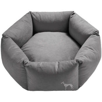 Orthopädisches Hundesofa Merida 6-eckig anthrazit 70 cm, 25 cm, 70 cm Grau Hundebett mit erhöhten Seiten und einem weichen Kissen, mit einer kleinen gestickten Hundesilhouette auf einer Seite.