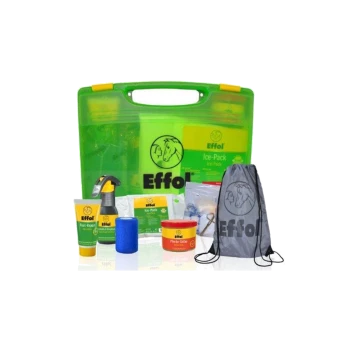 Grünes Tierpflege-Set von Effol, einschließlich eines Kühlpacks, Salben, Verbänden und einem Zugbeutel, alles auf einer weißen Oberfläche präsentiert.