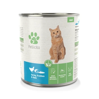 Dose Katzenfutter mit einer hellbraunen Tabby-Katze auf dem Etikett, mit dem Text 'Fellicita', 'Hering, Krabben & Huhn' und 'Erwachsene.'