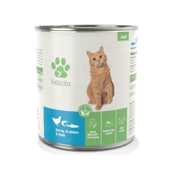 Dose Katzenfutter mit einer hellbraunen Tabby-Katze auf dem Etikett, mit dem Text 'Fellicita', 'Hering, Krabben & Huhn' und 'Erwachsene.'