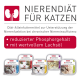 Nieren-Diät für Katzen, mit verschiedenen Katzenfutterpackungen, die 'beaphar NIEREN' beschriftet sind und die Vorteile von reduziertem Phosphor und Lachsöl hervorheben.