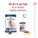 Royal Canin dog food packaging shows a large "maxi adult 5+" dry food bag and a small wet food can, promoting optimal mixing.