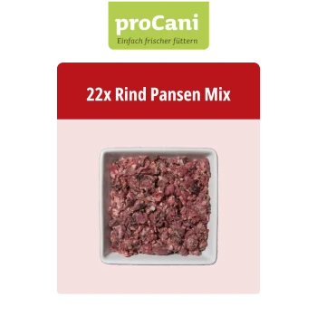 Verpackte Rinder-Magenmischung für Haustiere, beschriftet mit 'proCani buy nature', mit einer malerischen Hintergrund und Nährwertangaben.