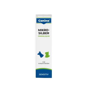 Liquide auriculaire microargent 50 ml Canina Mikro-Silber Ohrenspray pour chiens et chats, avec un design bleu et vert et le texte "Für Hunde & Katzen" et "Sensitiv."