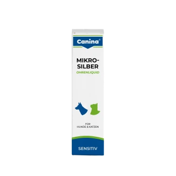 Canina Mikro-Silber Ohrenspray für Hunde und Katzen, mit einem blauen und grünen Design und dem Text "Für Hunde & Katzen" und "Sensitiv."