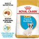 Royal Canin Welpenfutter für Französische Bulldoggen, mit einem Bild eines Welpen, hebt die rassespezifische Ernährung, spezielle Krokettenform und Immununterstützung hervor.