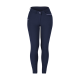 Navyblaue Damenreitleggings mit einer taillierten Passform, ausgestattet mit einem vorderen Knopfverschluss und weißen Paspeln an den Taschen.