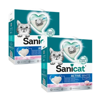 Zwei Kartons Sanicat Katzenstreu, gekennzeichnet mit "Active White" und "Aqua," mit einer Katzenillustration und Ansprüchen auf Geruchskontrolle und langanhaltende Nutzung.