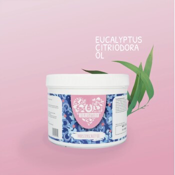 Eucalyptus Citriodora-Öl in einem weißen Glas mit einem bunten Etikett, auf dem der Text 'ParasitenSchutz Gel' auf einem rosa Hintergrund steht.