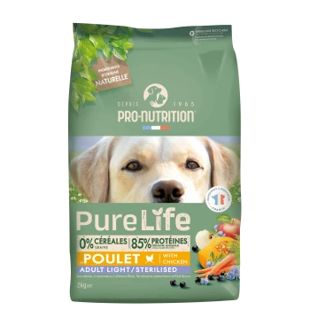 Tüte Pro-Nutrition Pure Life Hundefutter, Huhn-Formel, '0% Getreide 85% Protein', Adult Light/Sterilisiert, 2 kg