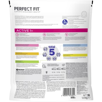 Perfect Fit Katzenfutterbeutel, 1,4 kg, hebt "Unterstützt die Gesundheit des gesamten Körpers" und "insgesamt 5" Vorteile hervor, einschließlich Vitalität, Sehkraft und Muskelgesundheit.