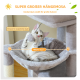 Grauer mehrstufiger Katzenbaum mit Kratzpfosten, Hängematte, Rampe und in Zentimetern beschrifteten Maßen.