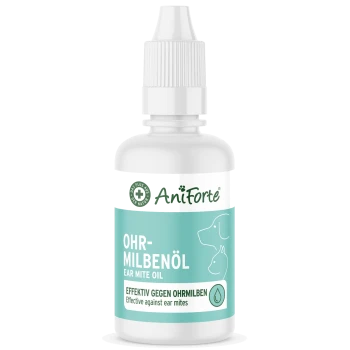 Flasche AniForte Ohrmilbenöl, beschriftet mit "OHR-MILBENÖL" und "Wirksam gegen Ohrmilben," mit einer Silhouette von Hund und Katze.
