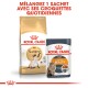 Emballage Royal Canin montrant de la nourriture sèche pour chat adulte siamois et de la nourriture humide Intense Beauty, avec un texte sur leur mélange.