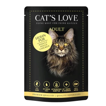L'emballage de nourriture pour chats Cat's Love pour chats adultes présente un chat Maine Coon avec "Huhn Pur," 71% de poulet, et met en avant l'Omega 3 & 6, la taurine et les vitamines.
