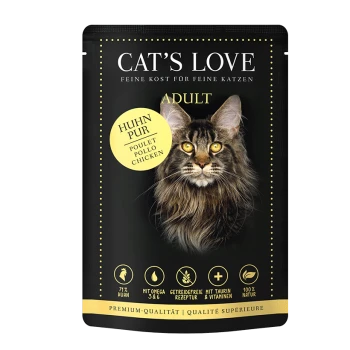 Opakowanie karmy dla dorosłych kotów Cat's Love prezentuje kota Maine Coon z "Huhn Pur," 71% kurczaka, i podkreśla Omega 3 i 6, taurynę oraz witaminy.