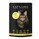 L'emballage de nourriture pour chats Cat's Love pour chats adultes présente un chat Maine Coon avec "Huhn Pur," 71% de poulet, et met en avant l'Omega 3 & 6, la taurine et les vitamines.