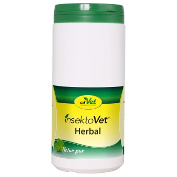 Weißer Behälter von cdVet InsektoVet Herbal mit grünem Deckel, mit einem gelben Etikett, das den Produktnamen und den Text "Natur pur" zeigt.