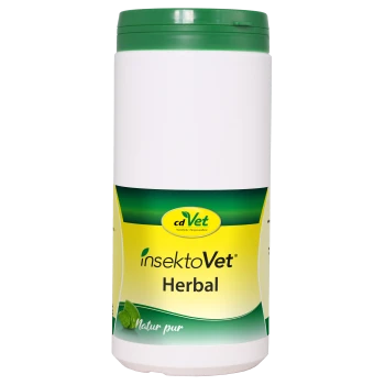 Weißer Behälter von cdVet InsektoVet Herbal mit grünem Deckel, mit einem gelben Etikett, das den Produktnamen und den Text "Natur pur" zeigt.