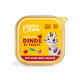 Emballage de nourriture pour chats Edgard Cooper présentant un chat de dessin animé, un fond jaune vif, et un texte indiquant 'Dinde et Poulet' et 'Pâté pour chats adultes.'
