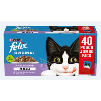 Colorful box of Purina Felix Original cat food with a playful cat, labeled "Mixed Selection in Jelly," 40 pouches, no colorants.