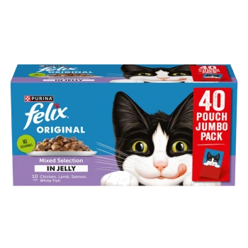 Colorful box of Purina Felix Original cat food with a playful cat, labeled "Mixed Selection in Jelly," 40 pouches, no colorants.