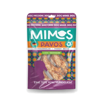 Verpackung für Mimos Pavos Truthahnhälse als Haustierleckerei, mit lebhaften Farben, mit dem Text '100% Truthahn' und 'Eine Tüte voll Hundeliebe'.