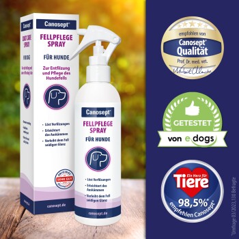 Canosept Fellpflege Spray für Hunde, entwickelt um das Fell zu entwirren und zu pflegen, mit Versprechungen zur Erleichterung des Kämmens und zur Verbesserung des Glanzes.