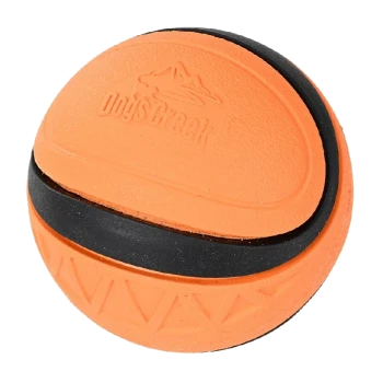 Orange dog toy ball with a black rubber band, featuring the embossed logo "Dog's Creek" on the top.