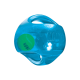 Jouet balle distributeur de friandises KONG bleu avec une petite balle KONG verte à l'intérieur, ouvertures de préhension et logo embossé «KONG».