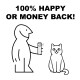 Eine cartoonhafte Figur, die eine Sprühflasche hält, steht neben einer glücklichen Katze, mit fettem Text darüber, der besagt: "100% GLÜCKLICH ODER GELD ZURÜCK!"