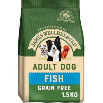 Bag of James Wellbeloved Adult Dog food, fish flavor, grain-free, 1.5kg, featuring illustrations of three dogs on the front.
