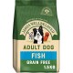 Bag of James Wellbeloved Adult Dog food, fish flavor, grain-free, 1.5kg, featuring illustrations of three dogs on the front.