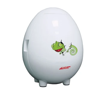 Weißes, eiförmiges Reptilienhabitat mit einem Cartoon-Chamäleon-Design, das durch einen Riss schaut, mit dem Logo "Lucky Reptile."