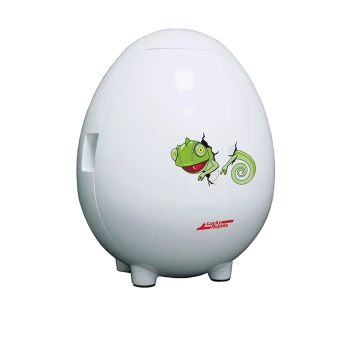 Weißes, eiförmiges Reptilienhabitat mit einem Cartoon-Chamäleon-Design, das durch einen Riss schaut, mit dem Logo "Lucky Reptile."