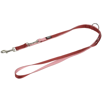 Rote und pinke verstellbare Hundeleine mit Metallclips und kleinem schwarzem Etikett mit der Aufschrift „ANIMON“.