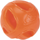 Balle-jouet orange en caoutchouc pour chien avec plusieurs trous et un logo/texte en relief.