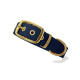 Marineblaues Haustierhalsband mit einer goldenen Schnalle und Hardware, auf einem weißen Hintergrund präsentiert.