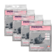 Cztery torby żwirku dla kotów PREMIERE, z szarym kotem na opakowaniu, o zapachu pudru dla niemowląt i wadze 12 kg.