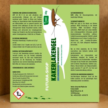 Etikett für "Kakerlaken Gel" von Futura-Shop, das Anwendungshinweise, Dosierung, Sicherheitswarnungen und Wirkstoffe zur Schädlingsbekämpfung detailliert.