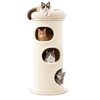 Beiger zylindrischer Katzenturm mit drei gemütlichen Höhlen und einem plüschigen oberen Bett für Katzen.